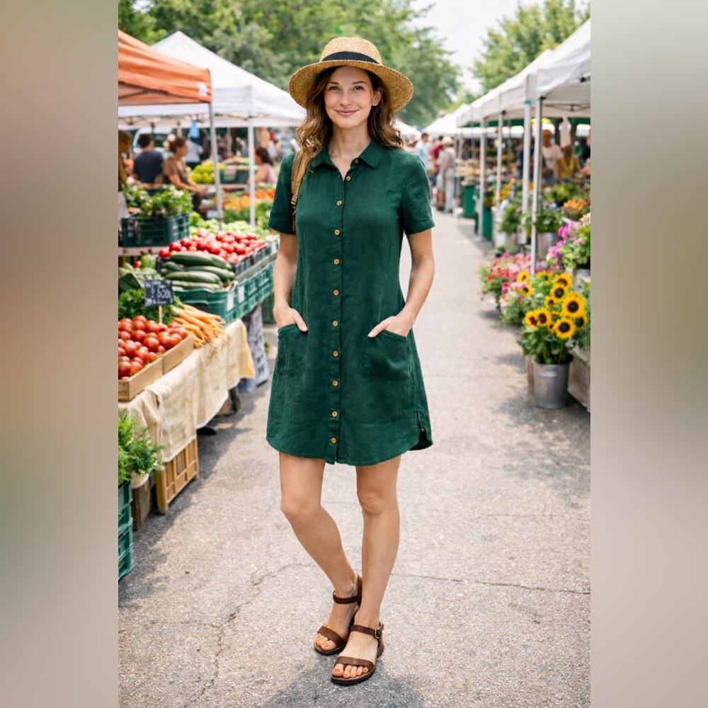 Mantaikotai | 100% Linen Green Button-Down Shirt Dress w/ Pockets | Size S